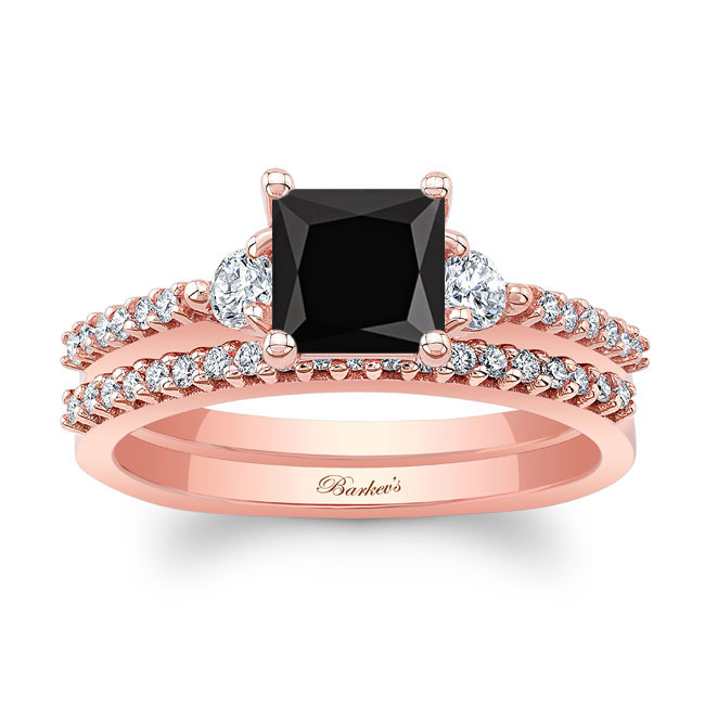 Rose Gold Black And White Diamond 3 Stone Princess Cut Wedding Set