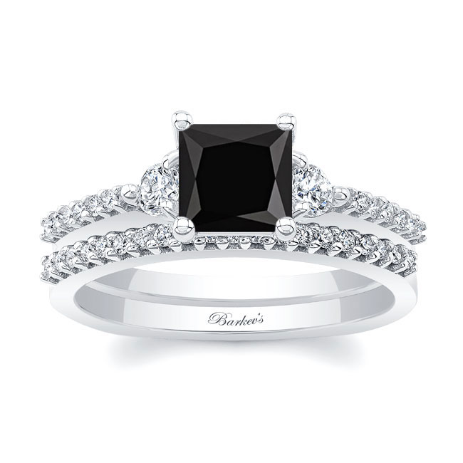 Black And White Diamond 3 Stone Princess Cut Wedding Set