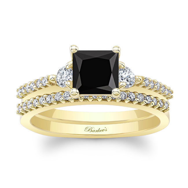 Yellow Gold Black And White Diamond 3 Stone Princess Cut Wedding Set