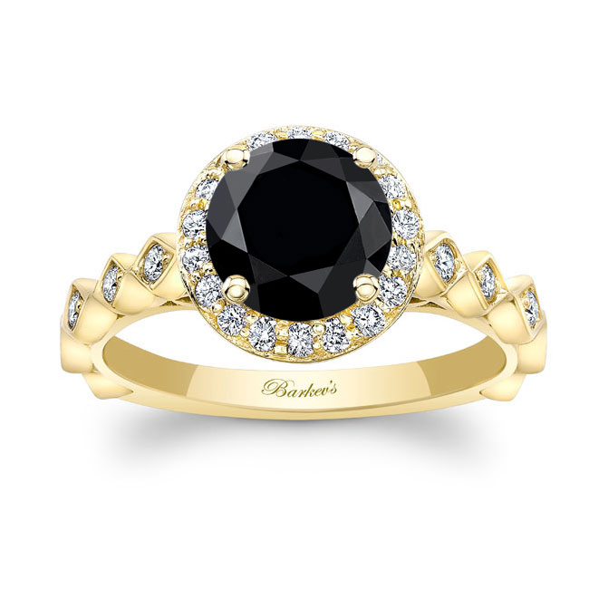 Yellow Gold Vintage Halo Black And White Diamond Engagement Ring