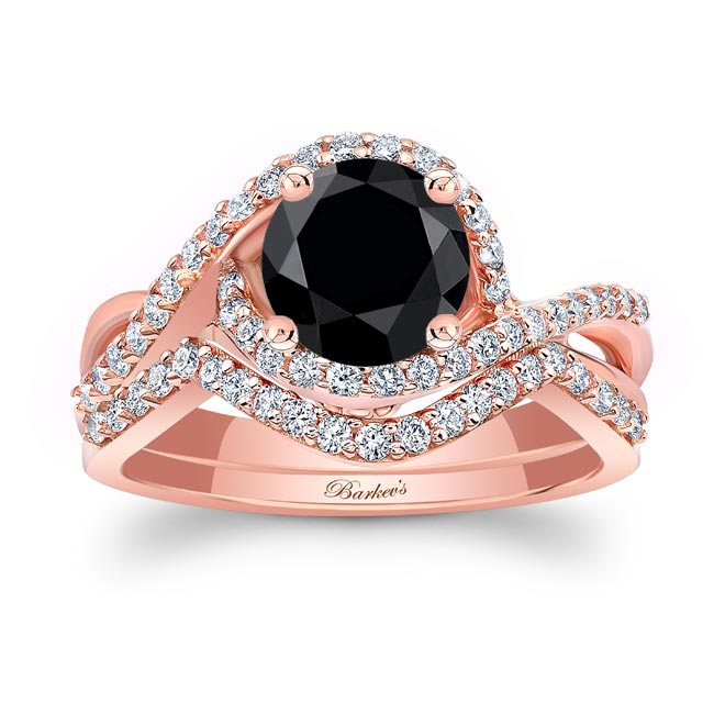 Rose Gold Twisted Halo Black And White Diamond Wedding Set