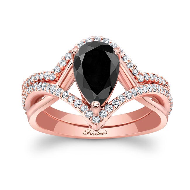 Rose Gold Unique Pear Shaped Black And White Diamond Wedding Set