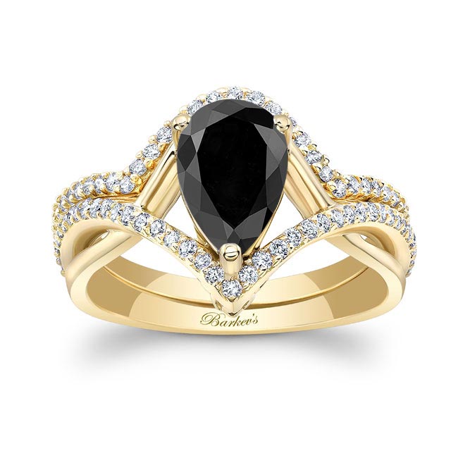 Yellow Gold Unique Pear Shaped Black And White Diamond Wedding Set