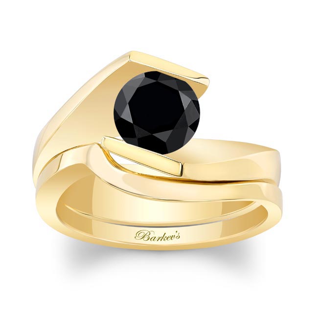 Yellow Gold Tension Solitaire Black Diamond Bridal Set