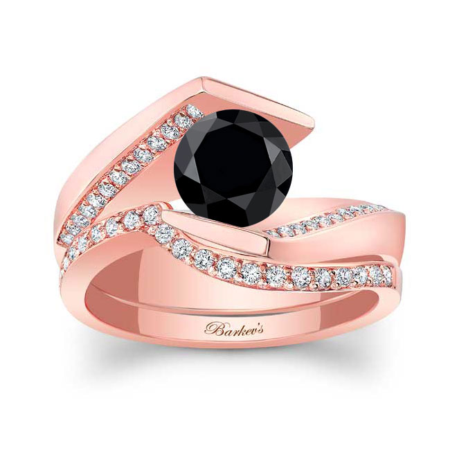 Rose Gold Tension Setting Black And White Diamond Bridal Set