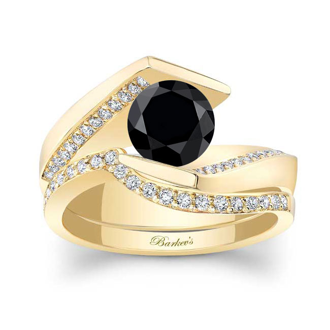 Yellow Gold Tension Setting Black And White Diamond Bridal Set