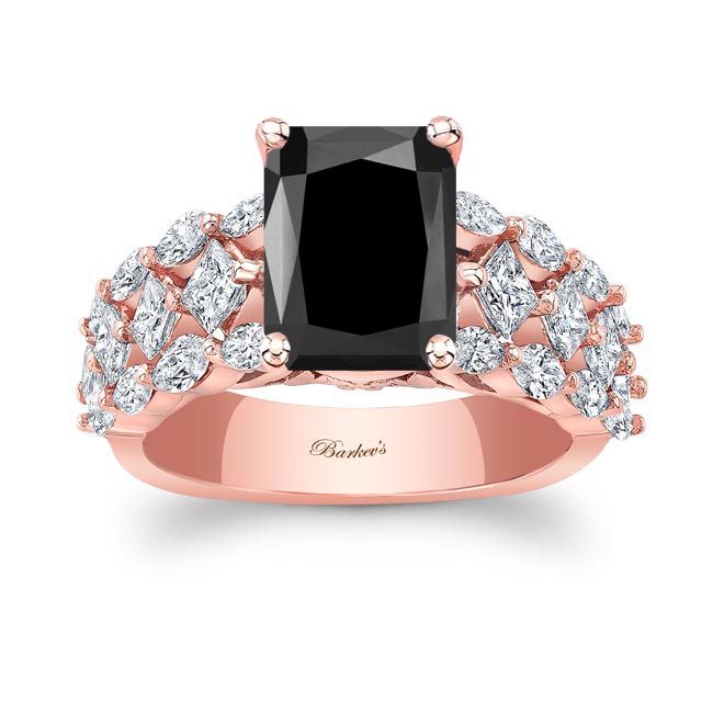 Rose Gold Three Row Radiant Cut Black And White Diamond Ring