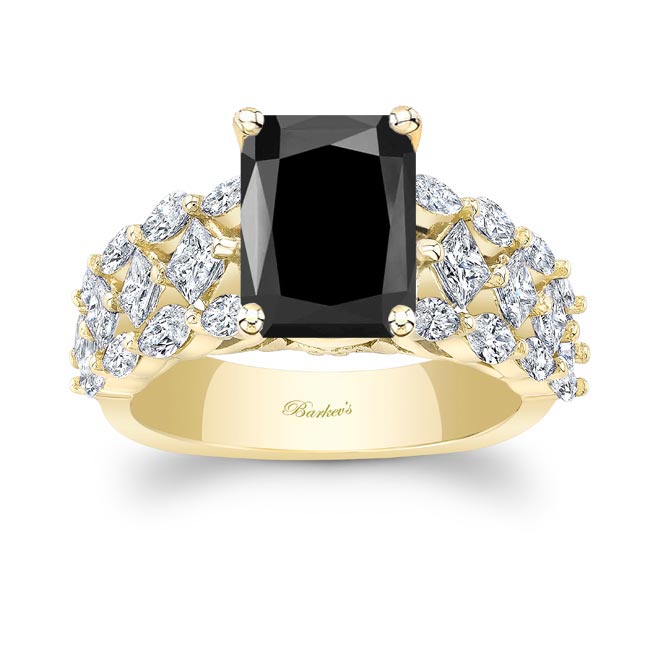 Yellow Gold Three Row Radiant Cut Black And White Diamond Ring