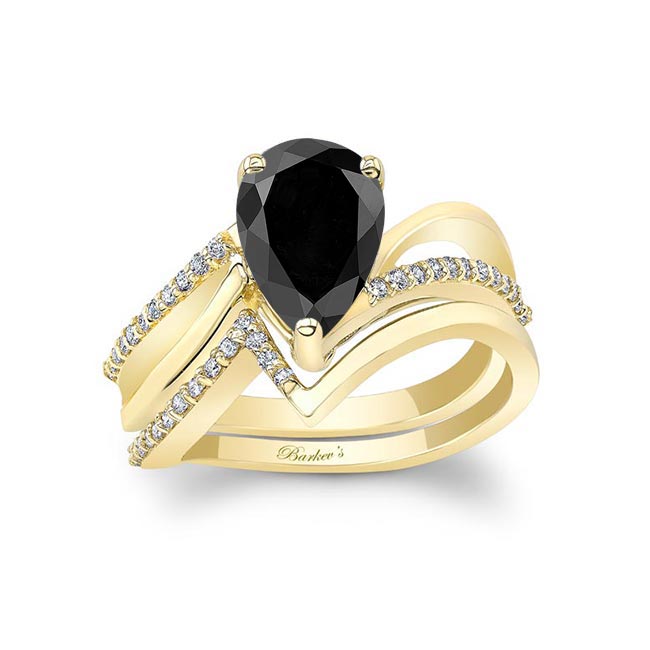 Yellow Gold Split Shank Pear Black And White Diamond Bridal Set