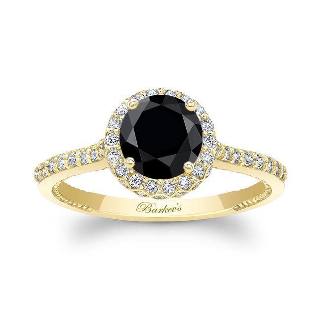 Yellow Gold Round Halo Black And White Diamond Ring