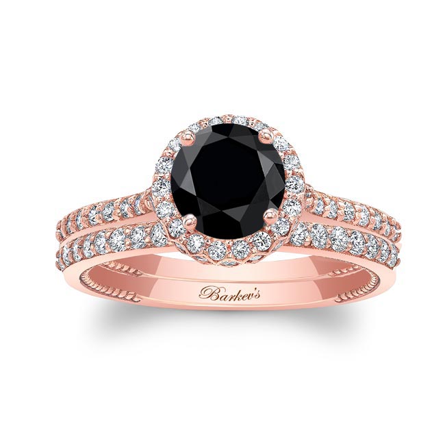 Rose Gold Round Halo Black And White Diamond Wedding Set