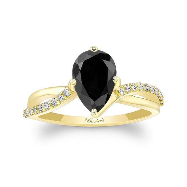 Yellow Gold Pear Shaped Black And White Diamond Ring With Twisted Band