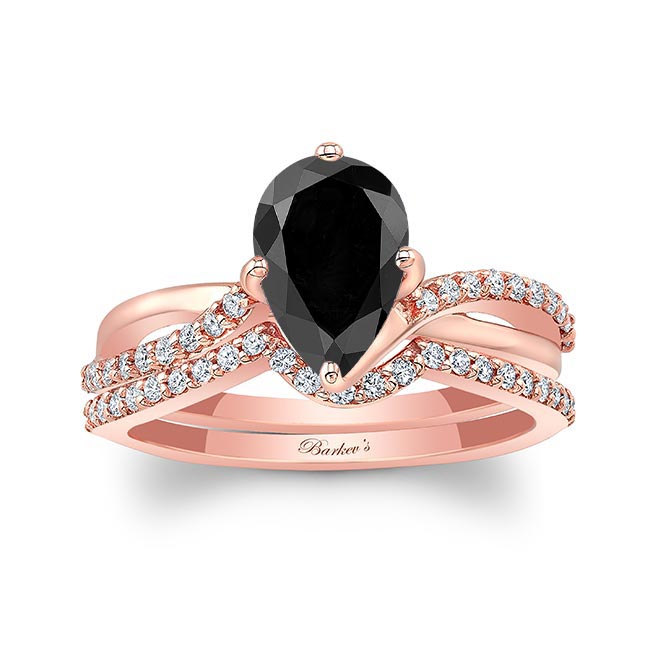 Rose Gold Pear Shaped Black And White Diamond Twist Bridal Set