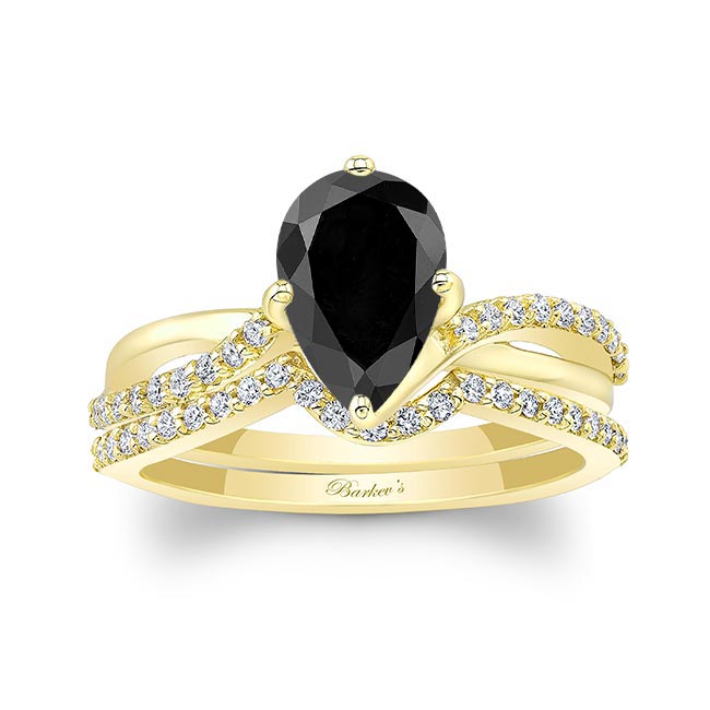 Yellow Gold Pear Shaped Black And White Diamond Twist Bridal Set