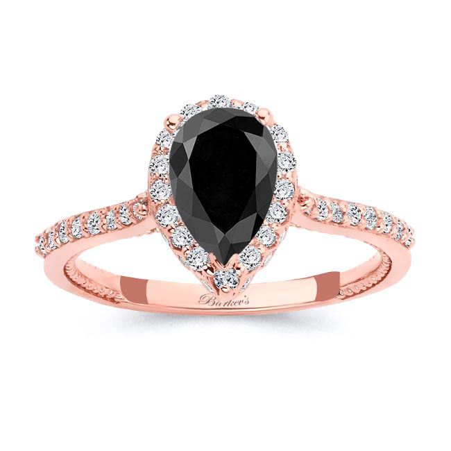 Rose Gold Eva Pear Shaped Black And White Diamond Halo Ring