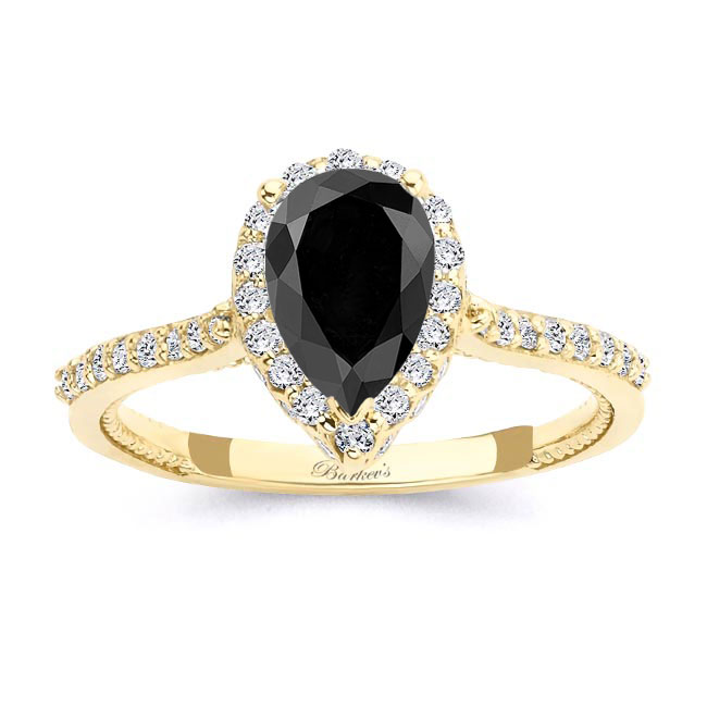 Yellow Gold Eva Pear Shaped Black And White Diamond Halo Ring