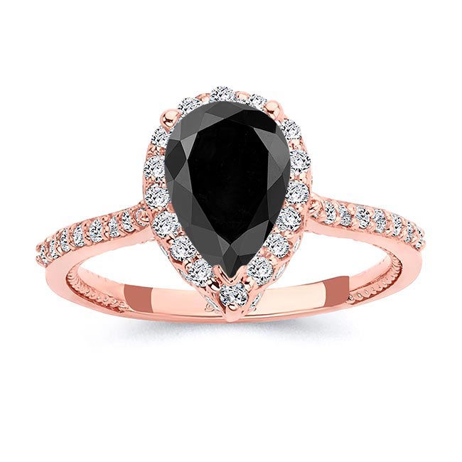 Rose Gold Eva 2 Carat Pear Shaped Black And White Diamond Halo Ring