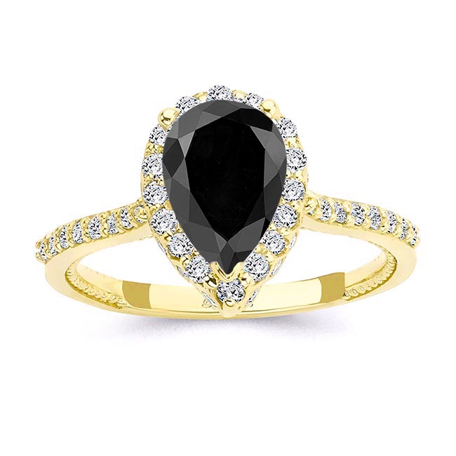 Yellow Gold Eva 2 Carat Pear Shaped Black And White Diamond Halo Ring