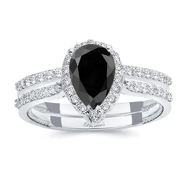 Platinum Eva Pear Shaped Black And White Diamond Halo Ring Set