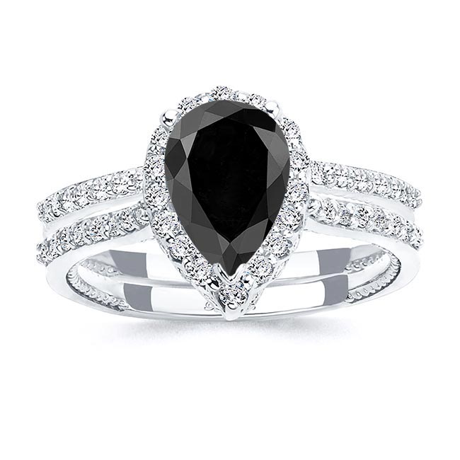 White Gold Eva 2 Carat Pear Shaped Black And White Diamond Halo Ring Set