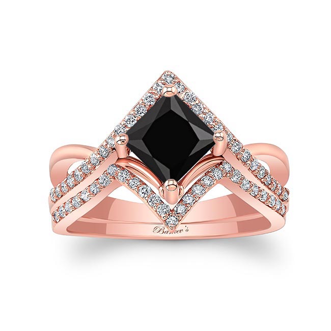 Rose Gold Unique Princess Cut Black And White Diamond Wedding Set