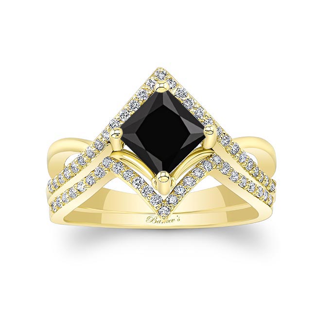 Yellow Gold Unique Princess Cut Black And White Diamond Wedding Set