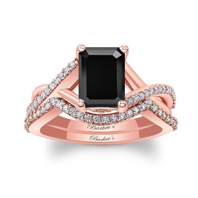 Rose Gold 2 Carat Emerald Cut Black And White Diamond Ring Set