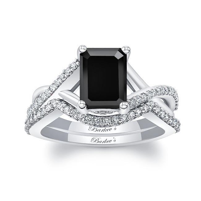 2 Carat Emerald Cut Black And White Diamond Ring Set