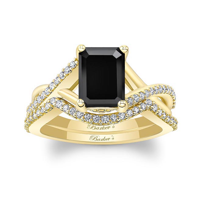 Yellow Gold 2 Carat Emerald Cut Black And White Diamond Ring Set