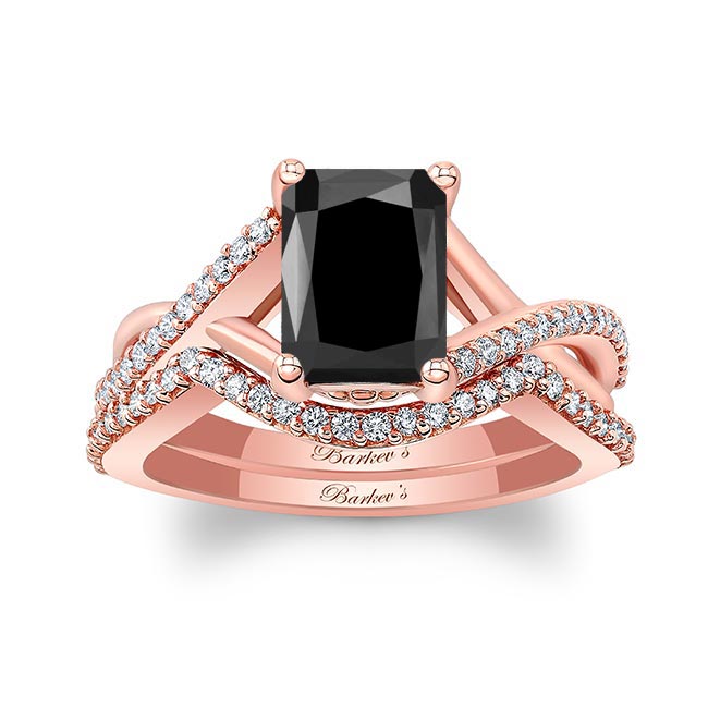 Rose Gold 2 Carat Radiant Cut Black And White Diamond Ring Set