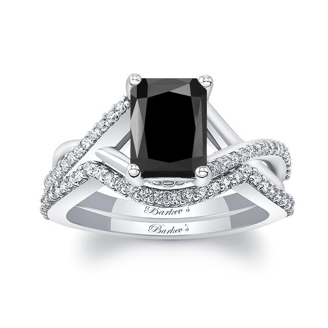 White Gold 2 Carat Radiant Cut Black And White Diamond Ring Set