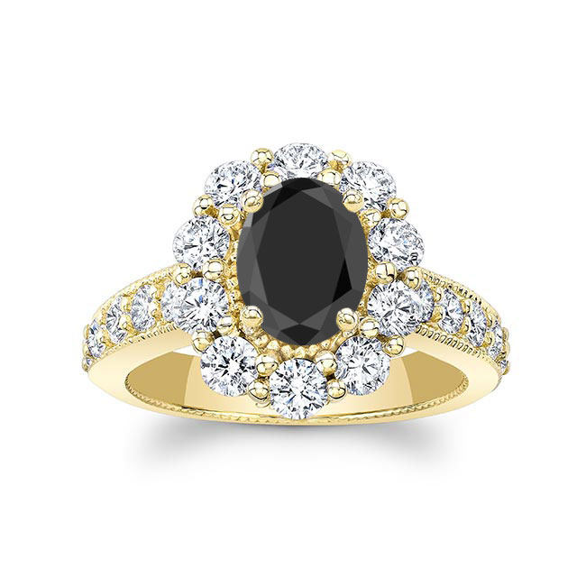 Yellow Gold Oval Halo Black And White Diamond Ring