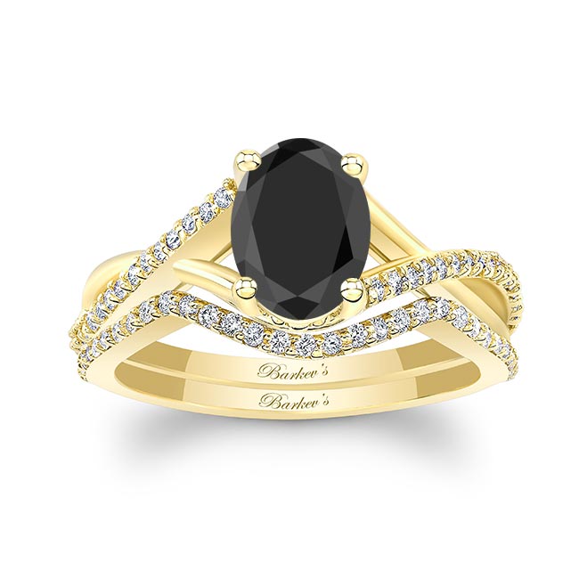 Yellow Gold One Carat Oval Black And White Diamond Bridal Set