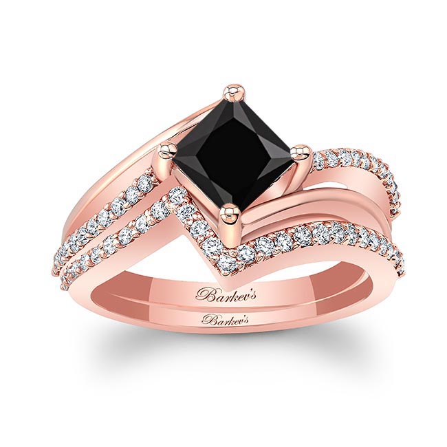 Rose Gold Princess Cut Black And White Diamond Engagement Ring Set