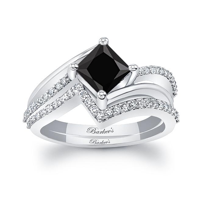 Princess Cut Black And White Diamond Engagement Ring Set