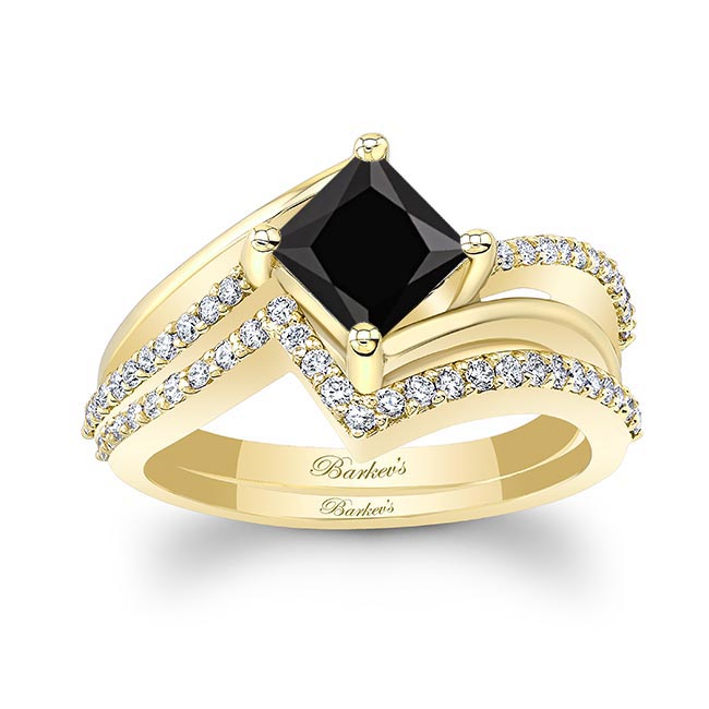 Yellow Gold Princess Cut Black And White Diamond Engagement Ring Set