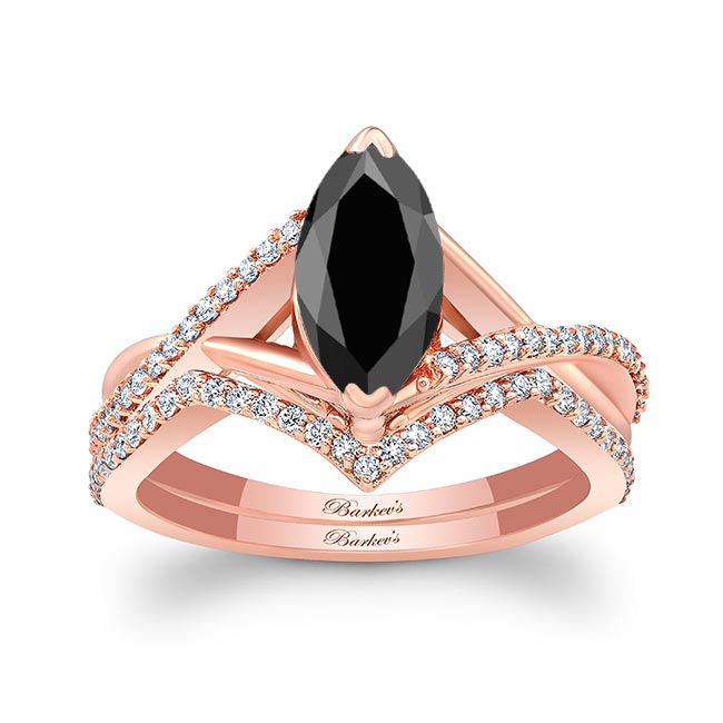 Rose Gold 1 Carat Marquise Black And White Diamond Ring Set