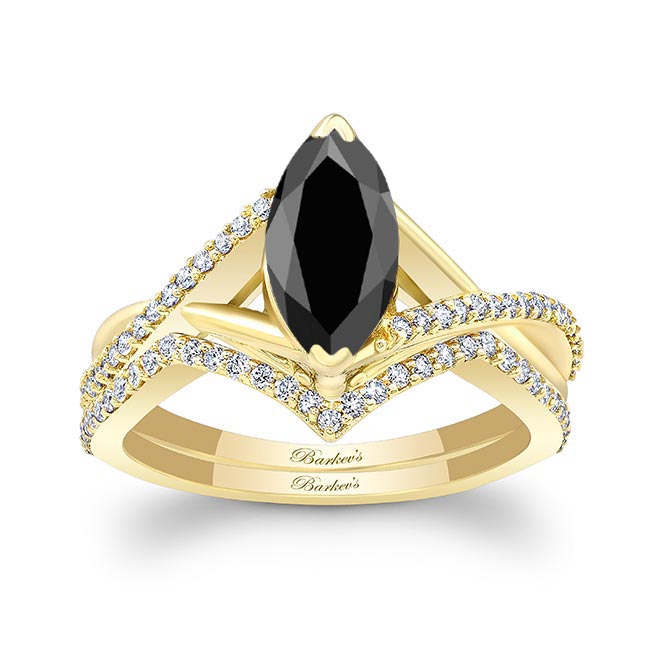 Yellow Gold 1 Carat Marquise Black And White Diamond Ring Set