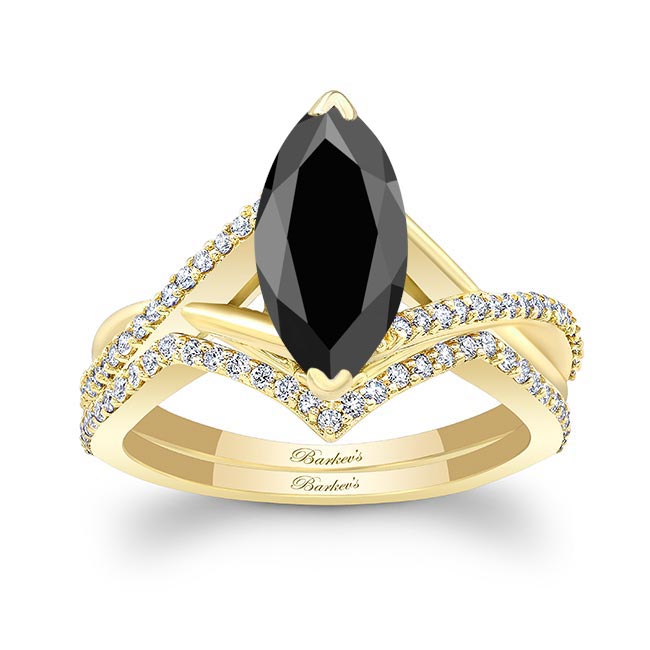 Yellow Gold 3 Carat Marquise Black And White Diamond Ring Set