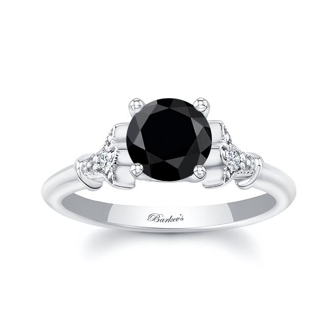 White Gold Petite Leaf Black And White Diamond Engagement Ring