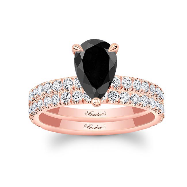 Rose Gold Pear Shape Black And White Diamond Wedding Set