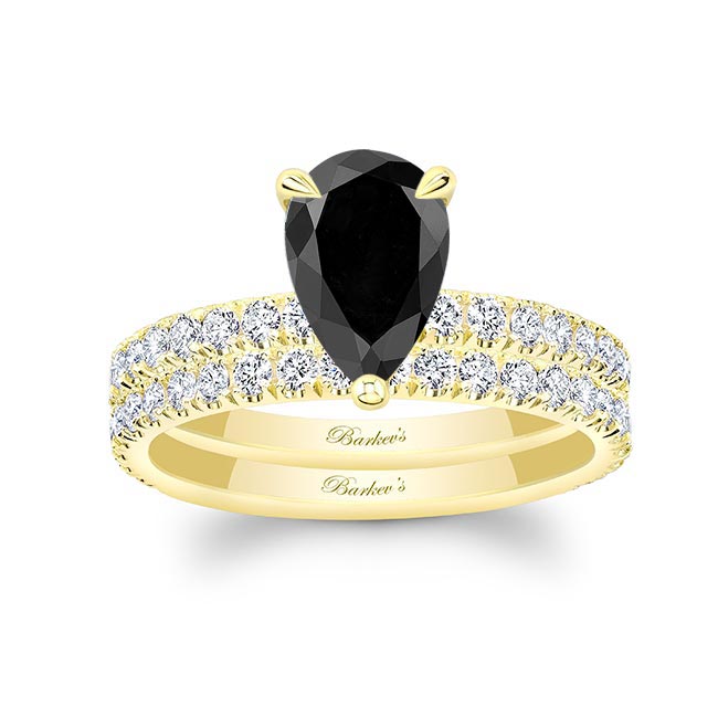 Yellow Gold Pear Shape Black And White Diamond Wedding Set