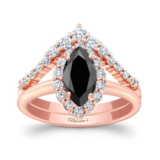 Rose Gold Marquise Cut Black And White Diamond Wedding Set