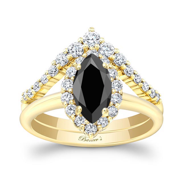 Yellow Gold Marquise Cut Black And White Diamond Wedding Set