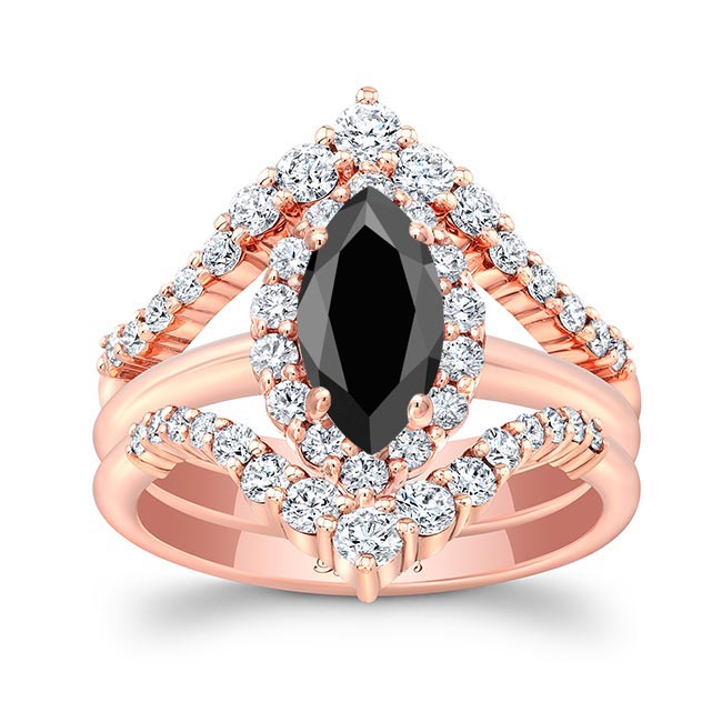 Rose Gold Marquise Cut Black And White Diamond Wedding Set With 2 Bands