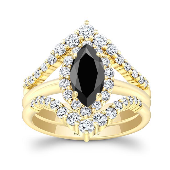 Yellow Gold Marquise Cut Black And White Diamond Wedding Set With 2 Bands