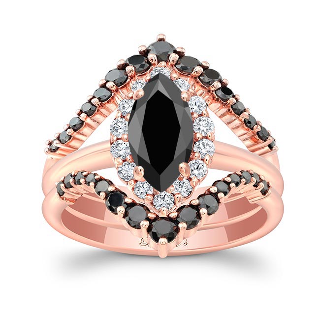 Rose Gold Marquise Cut Black And White Diamond Wedding Set With 2 Black Diamond Bands