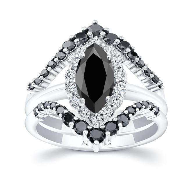 Marquise Cut Black And White Diamond Wedding Set With 2 Black Diamond Bands