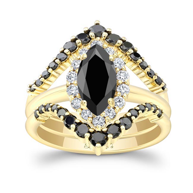 Yellow Gold Marquise Cut Black And White Diamond Wedding Set With 2 Black Diamond Bands