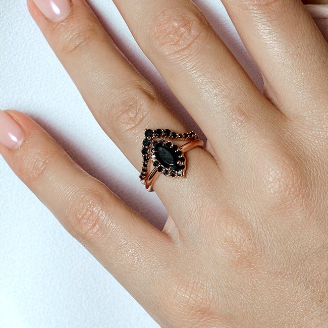 Rose Gold Marquise Cut Black Diamond Wedding Set Image 3